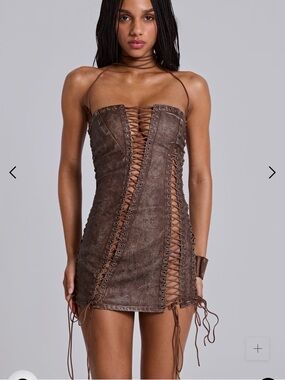 Jaded London Odile Brown Faux Leather Lace Up Mini Dress New with Tag